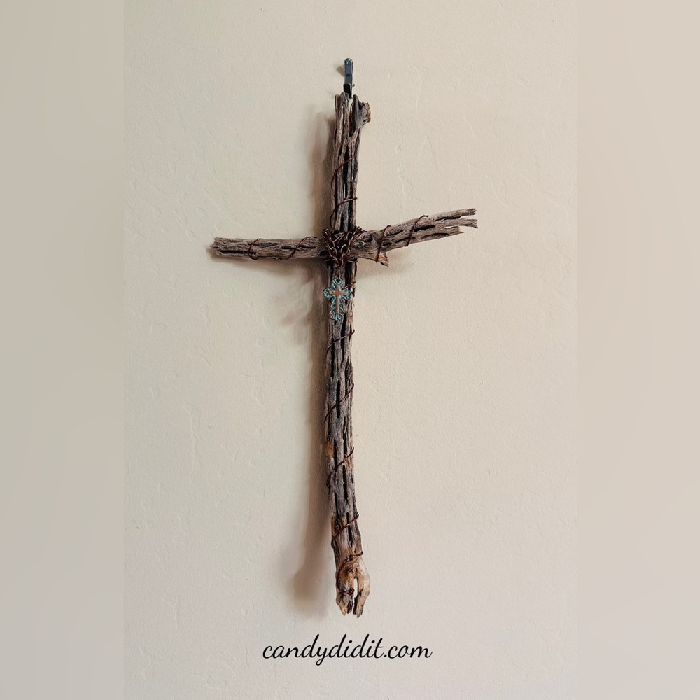 Rustic Handmade Cactus Bone Cross With Patina Cross Charm Wall Decor